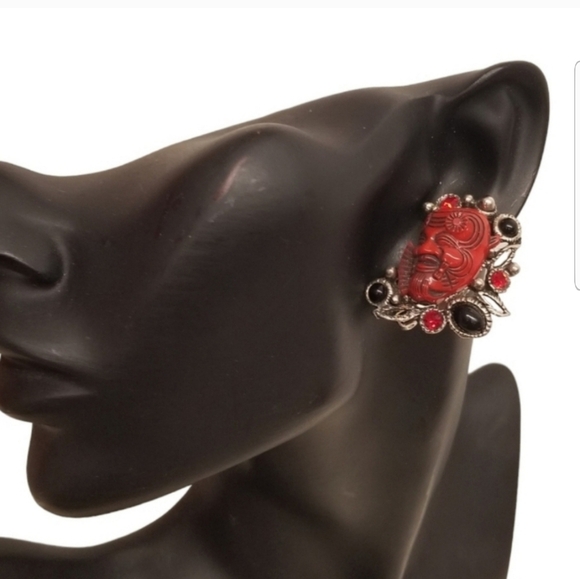 PAUL SELENGER DESIGNER RARE OKINA MASK STATEMENT CLIP ON EARRINGS - Picture 2 of 5